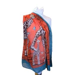​XL Giraffe Safari Print Scarf Shawl Wrap Sarong Orange Teal 71x41 Versatile